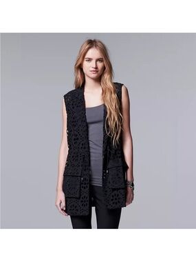 Simply Vera Vera Wang Black Eyelet-Detail Open Vest SZ XL